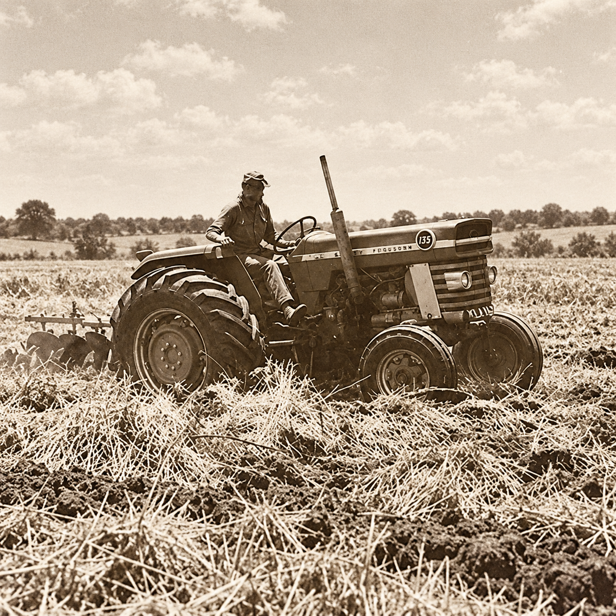 Sepia Tractor Working the Harvested Field